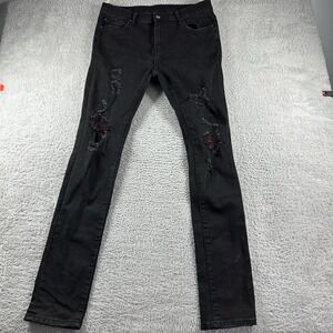 MNML Jeans Mens 36x33 Black Skinny Distress Rips‎ Artist Grunge Red Accent